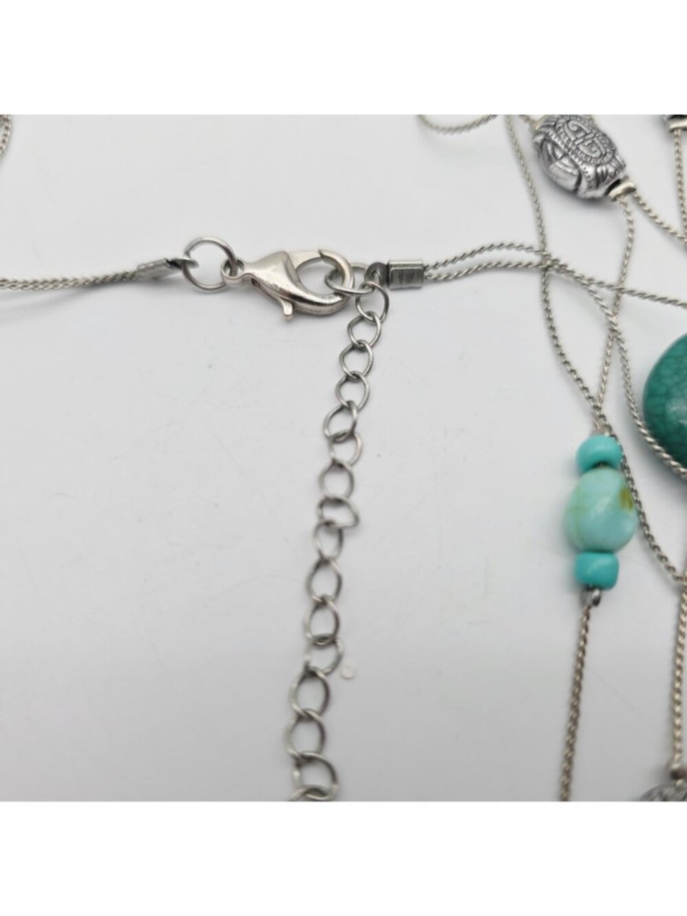 Multi-Strand Silver Necklace With Turquoise Beads & Shell Accents Lobster Clasp - Picture 7 of 7